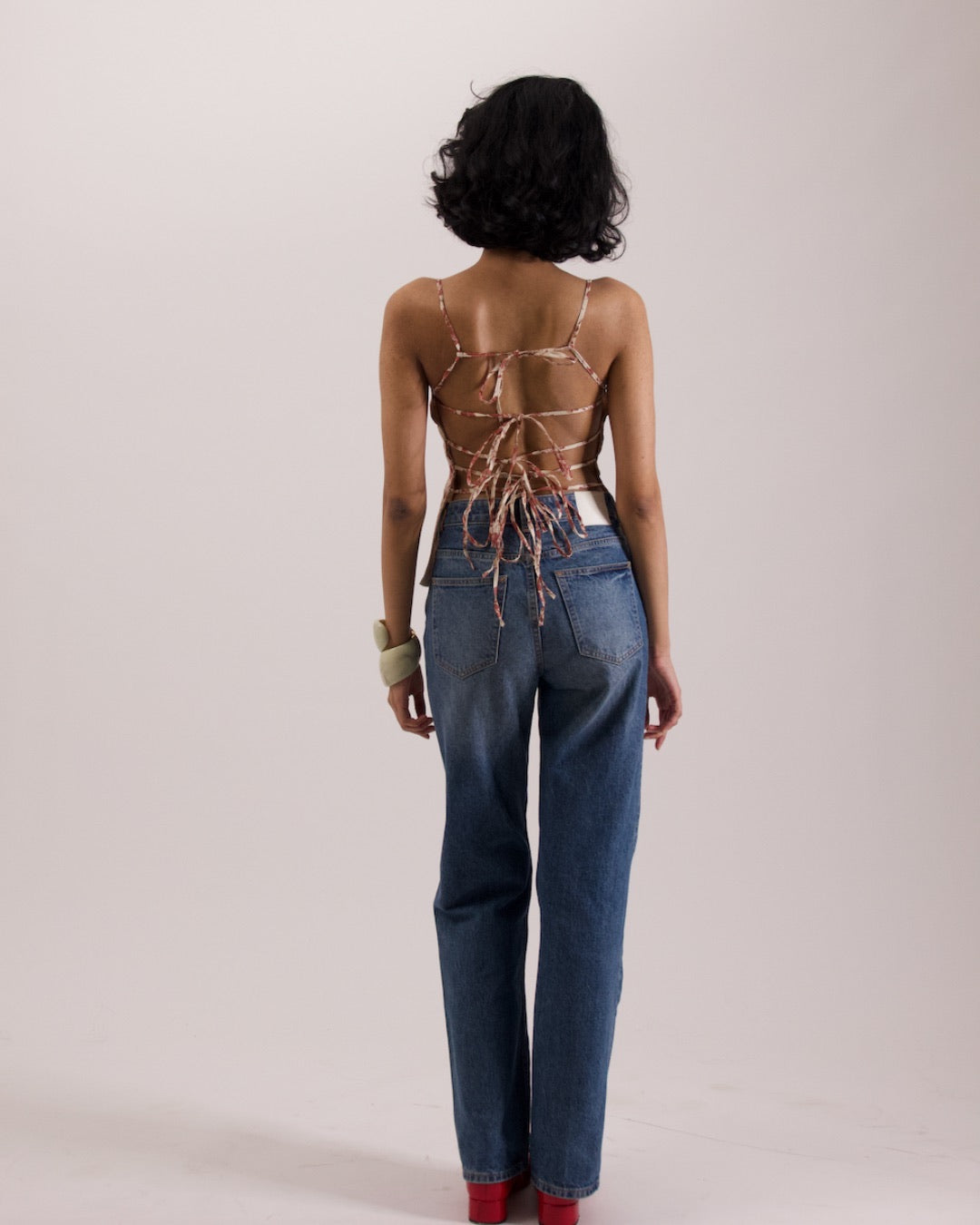 Red Floral Tie Back Corset Top