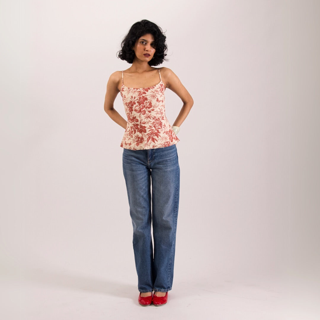 Red Floral Tie Back Corset Top